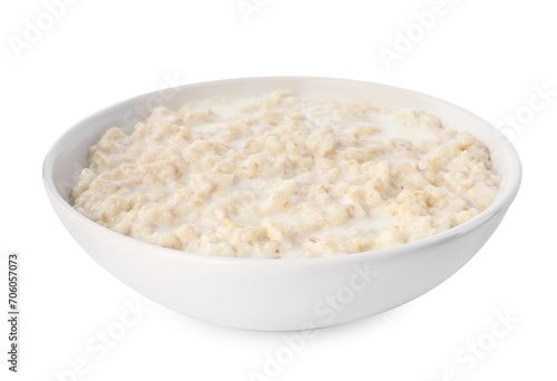 Tasty boiled oatmeal in bowl isolated on white