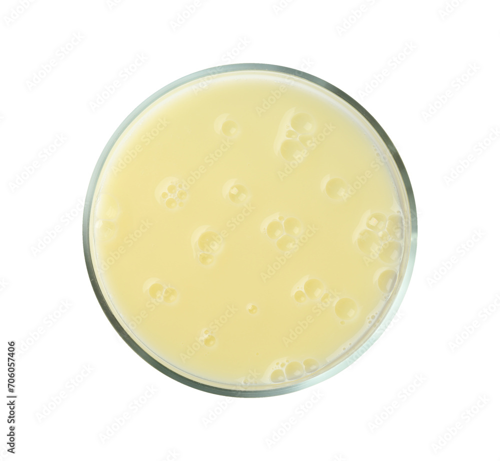 Petri dish with yellow liquid sample on white background, top view Petri dish with yellow liquid sample on white background, top view