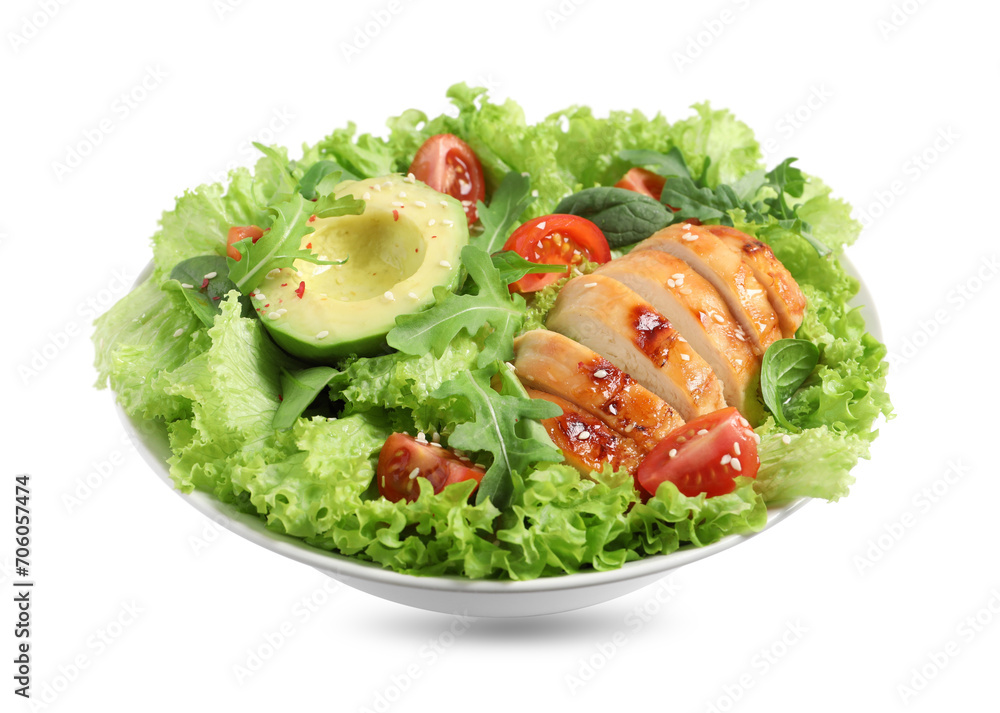 Delicious salad with chicken, cherry tomato and avocado in bowl isolated on white Delicious salad with chicken, cherry tomato and avocado in bowl isolated on white