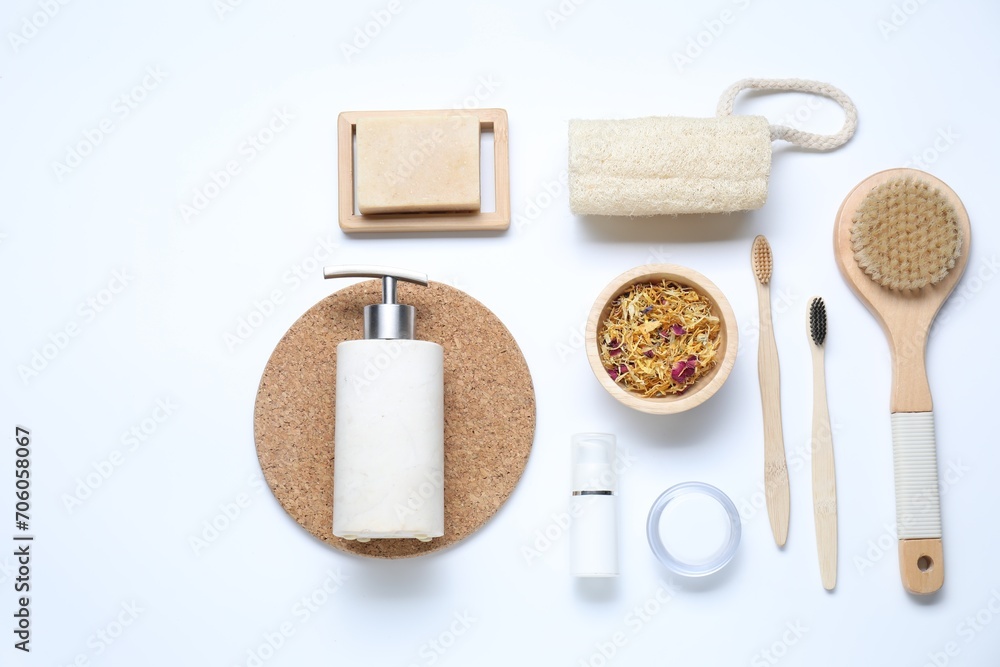 Naklejka premium Bath accessories. Flat lay composition with personal care products on white background