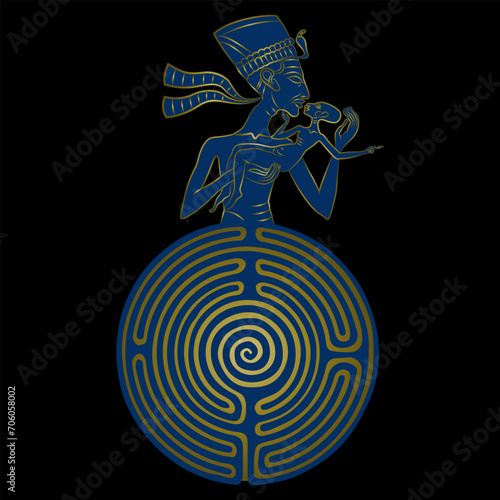 Pharaoh Akhenaton or queen Nefertiti emerging from a round spiral maze or labyrinth symbol and holding a baby. Mystery of ancient Egyptian culture. Gold end blue silhouette on black background.