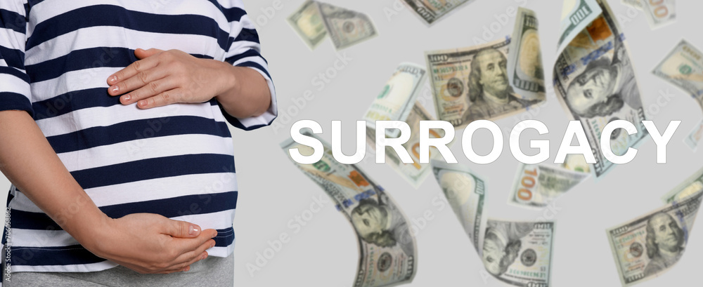Obraz premium Surrogate mother under money shower on light background, closeup. Banner design