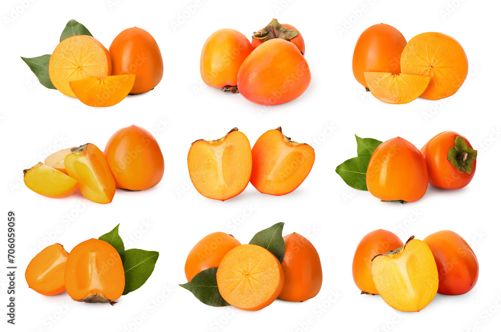 Fresh persimmon fruits isolated on white, collection