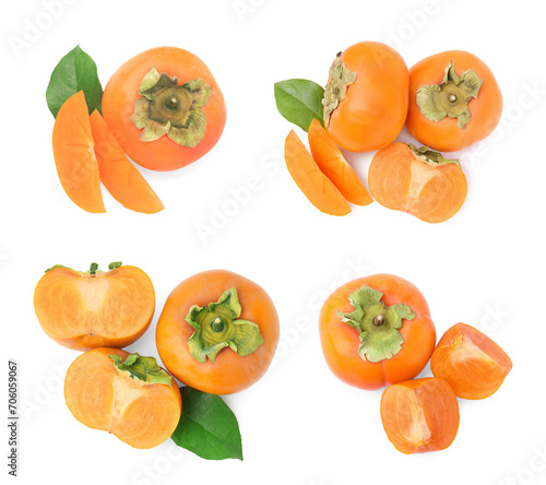 Fresh persimmon fruits isolated on white, collection