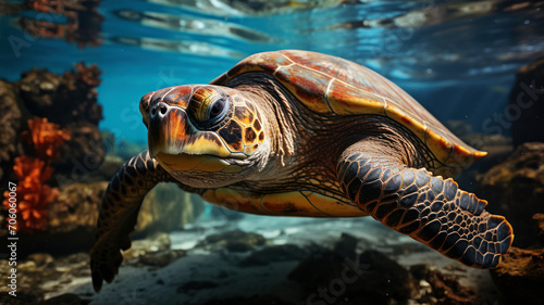 Sea turtle swimming in sunlit waters © jockermax3d