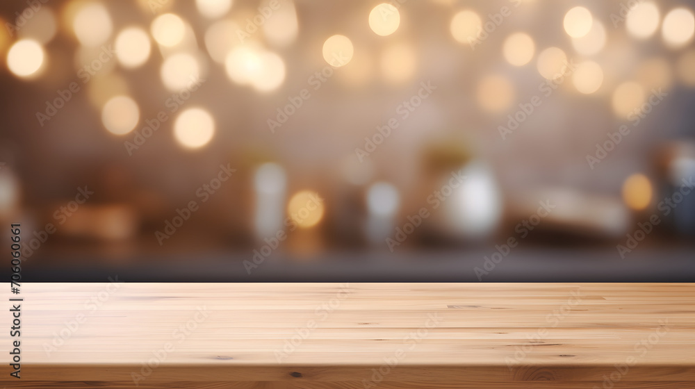 Empty beautiful wood table top counter and blur bokeh modern kitchen interior background in clean and bright,Banner, Ready for product montage. Generative AI illustration - obrazy, fototapety, plakaty 