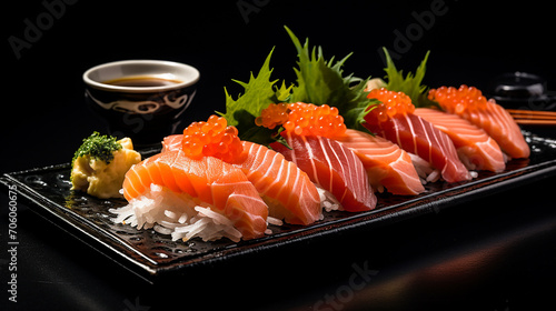 close up of sashimi sushi set with chopsticks and soy sauce in close up
