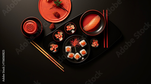 flat lay with soya sauce in bowl chopsticks and sushi on dark table photo