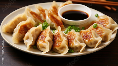 delicious food. gyoza or dumplings snack with soy sauce on white plate. simple food platting