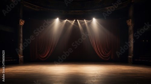 A vacant theatre stage with a single spotlight directed at the center  AI generated illustration photo
