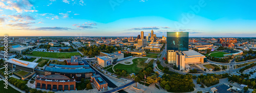 Aerial Panorama Indianapolis Skyline at Sunset with Stadium and Campus