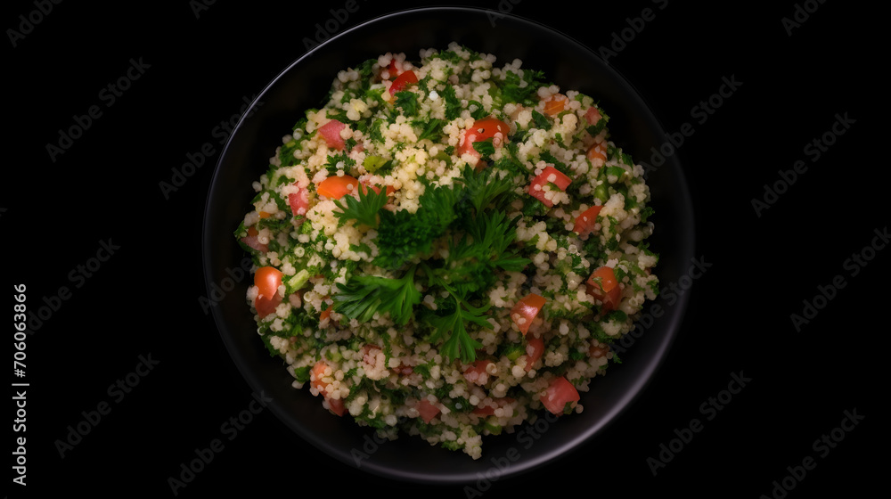 Tabbouleh salad, Levantine vegetarian salad with parsley, mint, bulgur, and tomato, healthy dish mixes tabbouleh and Greek style salads, top view with cooking background