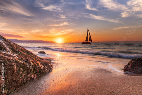 Sailboat Sunset Beach Ocean Boat Sailing Seascape Inspirational Sunrise Scenic photo