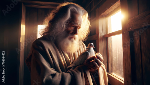 Noah's Tranquil Moment: The Ark's Messenger at Sunrise