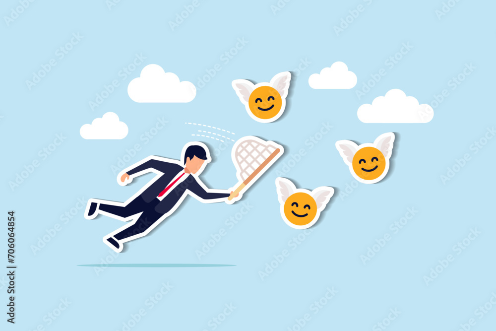 Fototapeta premium Pursuit of happiness, finding true life success, positive thinking or optimistic, feeling bless, humor or joyful concept, cheerful man catch smiling face with butterfly net metaphor of happiness.