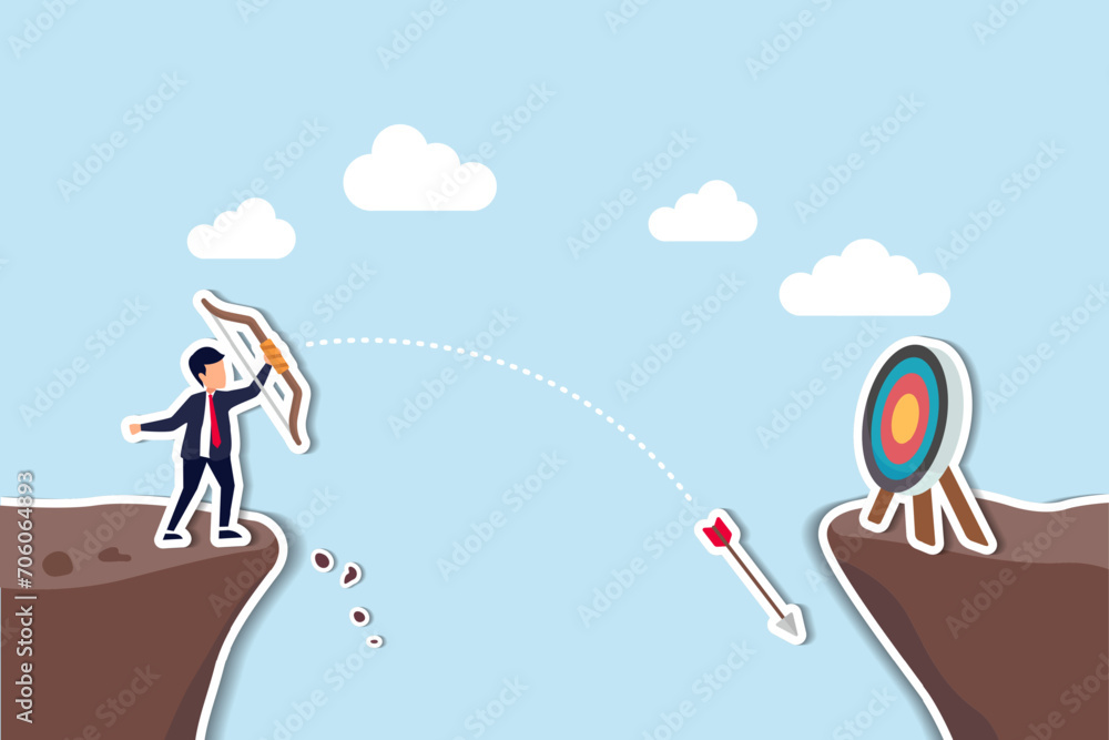 Terribly missed target, failure or mistake, fail to achieve goal, big error or wasted effort concept, overconfidence businessman archery terribly missed target. Terribly missed target, failure or mistake, fail to achieve goal, big error or wasted effort concept, overconfidence businessman archery terribly missed target.