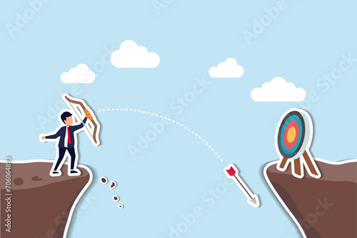Terribly missed target, failure or mistake, fail to achieve goal, big error or wasted effort concept, overconfidence businessman archery terribly missed target.