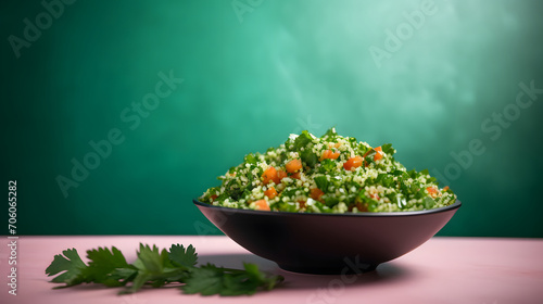 Tabbouleh salad, Levantine vegetarian salad with parsley, mint, bulgur, and tomato, healthy dish mixes tabbouleh and Greek style salads, side view with cooking background