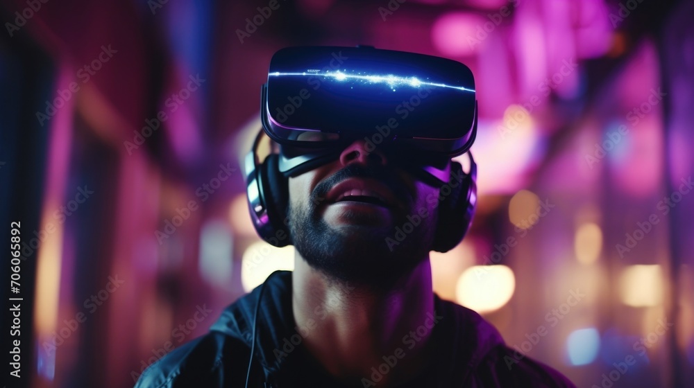 Closeup of a persons face wearing a virtual reality headset, their expression intense as they navigate through a simulated world.