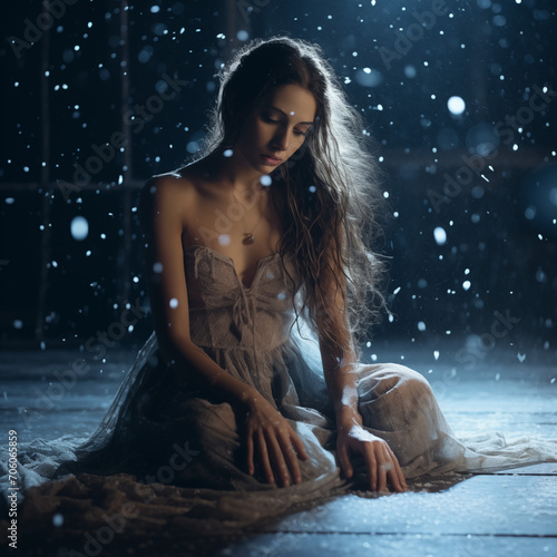 Beautiful woman in the dark room with falling snow