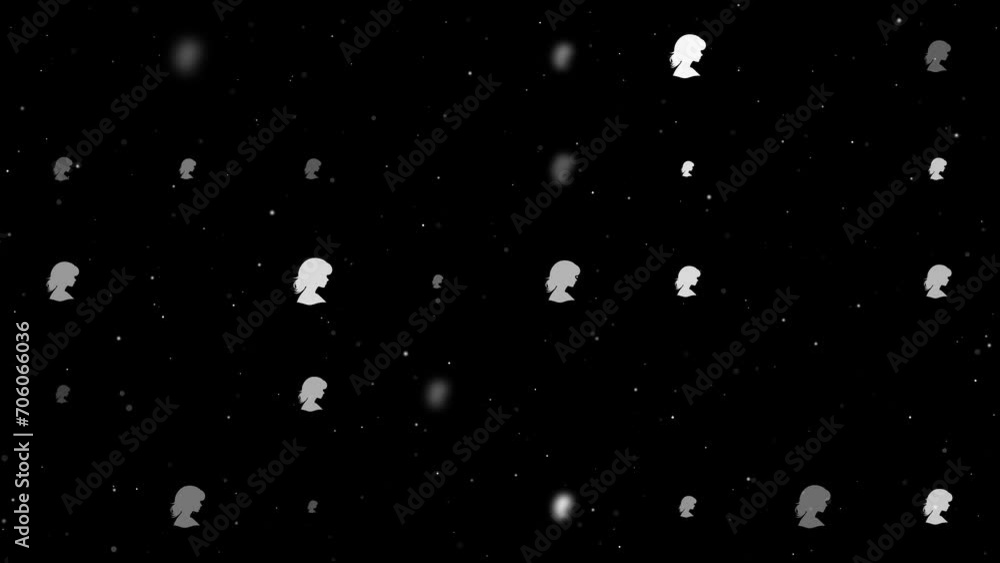 Template animation of evenly spaced woman face profile symbols of different sizes and opacity. Animation of transparency and size. Seamless looped 4k animation on black background with stars Template animation of evenly spaced woman face profile symbols of different sizes and opacity. Animation of transparency and size. Seamless looped 4k animation on black background with stars