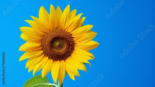 An HD close-up of a sunflower  its golden petals radiating warmth on a solid azure backdrop.