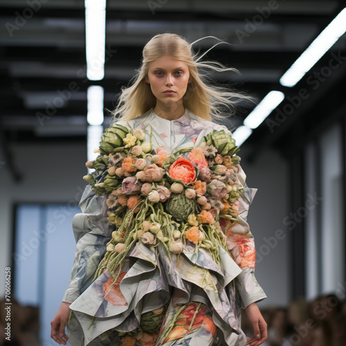 Fashion model wearing super creative clothes walks and posing on the runway photo