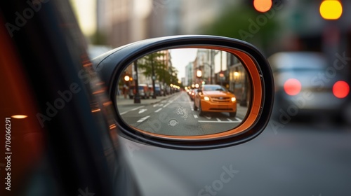 Closeup of a cars blind spot mirror highlighting potential hazards.