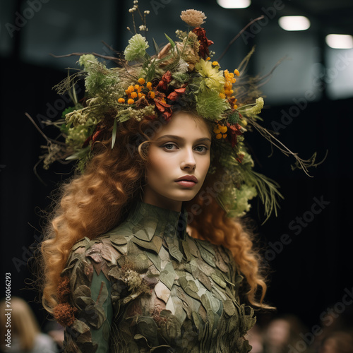 A model walks the runway during the show as part of the Fashion Week, look from natural ecological materials photo