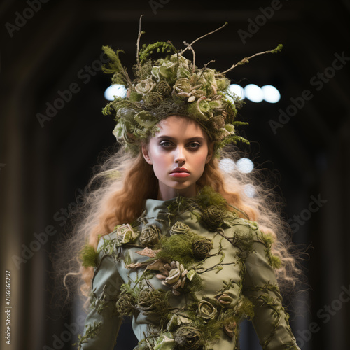 A model walks the runway during the show as part of the Fashion Week, look from natural ecological materials photo