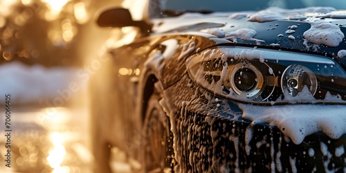 Car wash outdoor, car in white foam.
