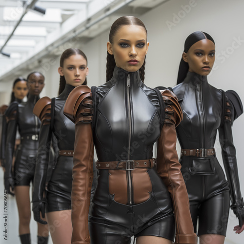 Fashion model wearing faux leather clothes posing on the runway photo