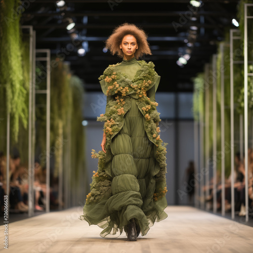 A model walks the runway during the show as part of the Fashion Week, look from naturral ecological materials