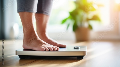 Closeup of a seniors foot stepping on a smart scale linked to a health monitoring app. photo