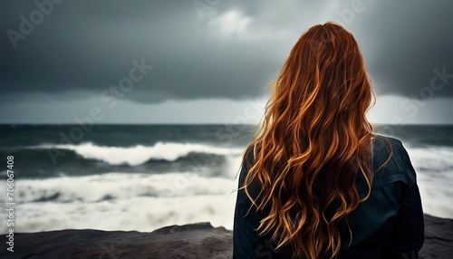 redhead woman is thinking on the beach