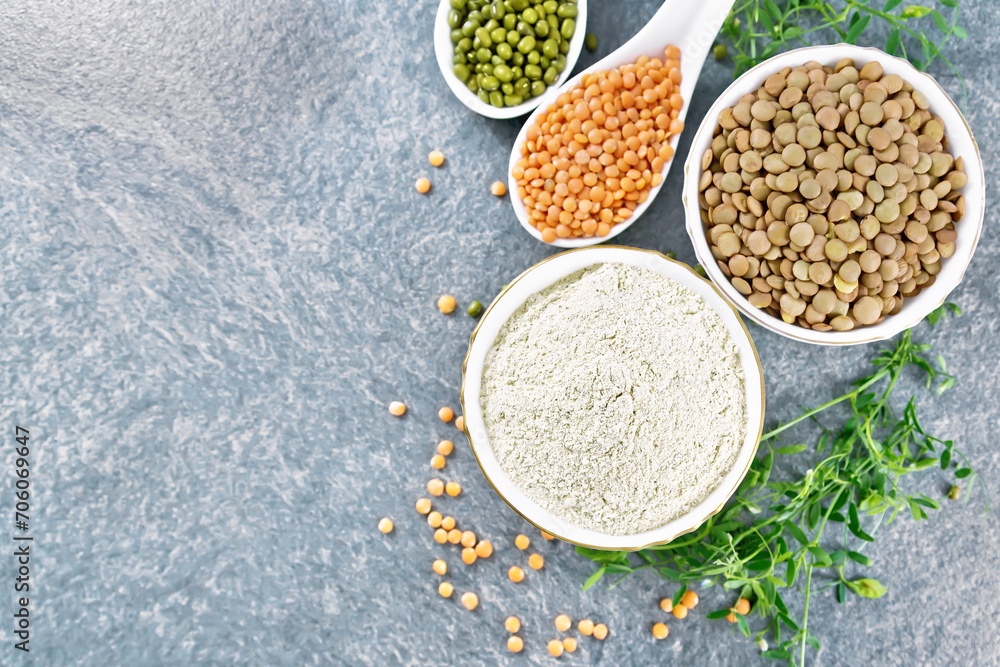 Flour lentil in bowl on granite top Flour lentil in bowl on granite top