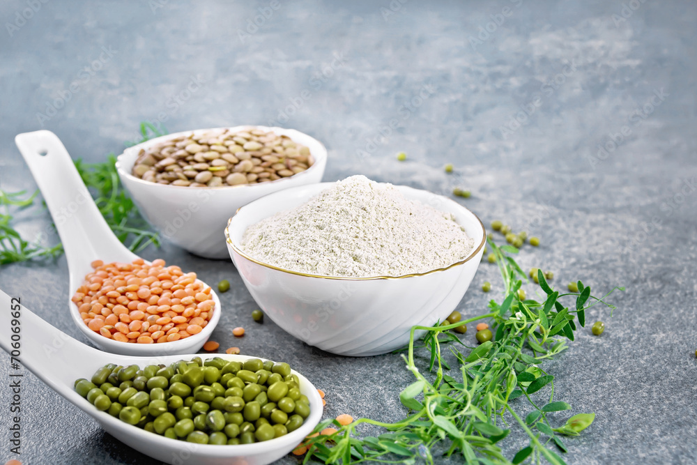 Flour lentil in bowl on stone table Flour lentil in bowl on stone table
