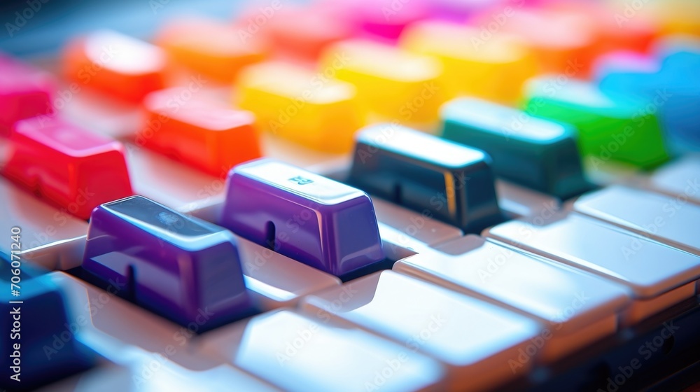Macro shot of a tiny keyboard with colorful keys, symbolizing how easily kids can use AI for music composition. Macro shot of a tiny keyboard with colorful keys, symbolizing how easily kids can use AI for music composition.