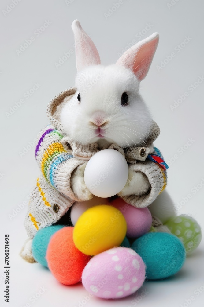 Fototapeta premium Easter Bunny with sweater to hold Easter Eggs. - AI Generative