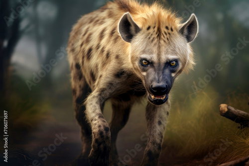 Close up of hyena strolling across field. Generative AI