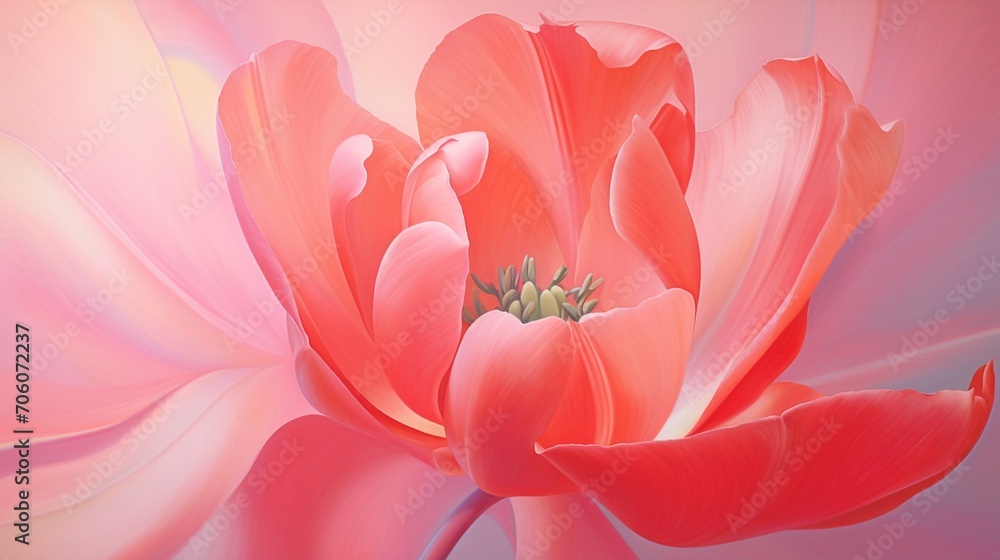 Close-up of a dew-kissed tulip, its vibrant pink petals capturing the essence of spring on a solid coral background.