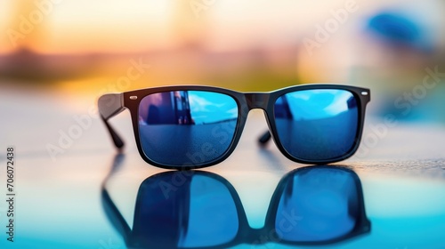 Closeup of a sleek pair of square sunglasses with black frames and blue mirrored lenses.