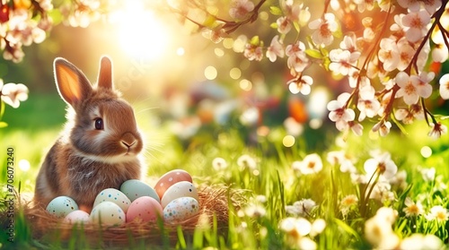 A charming, fluffy bunny surrounded by vibrant Easter eggs frolicking in a picturesque spring park photo