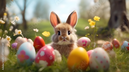 A charming, fluffy bunny surrounded by vibrant Easter eggs frolicking in a picturesque spring park © Mariana