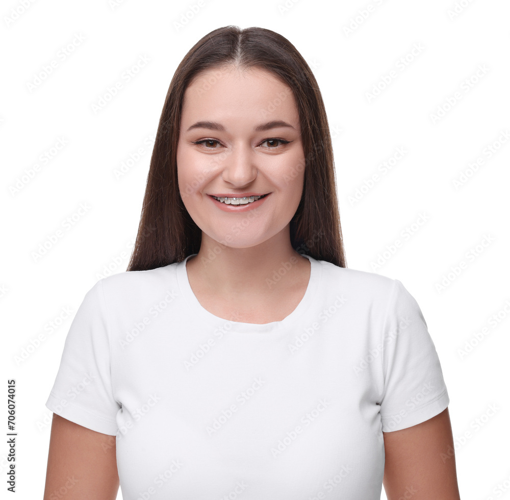 Smiling woman with dental braces on white background Smiling woman with dental braces on white background