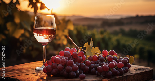Glass of wine and a bunch of grapes on a wooden table overlooking a vineyard at sunset  photo