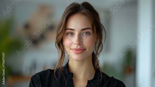 Successful young businesswoman standing in modern office and looking at camera. Woman entrepreneur in a coworking space smiling. Portrait of beautiful business woman standing.