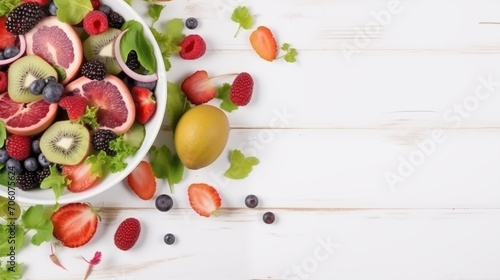 A bowl of fruits and vegetables sits on a white background.