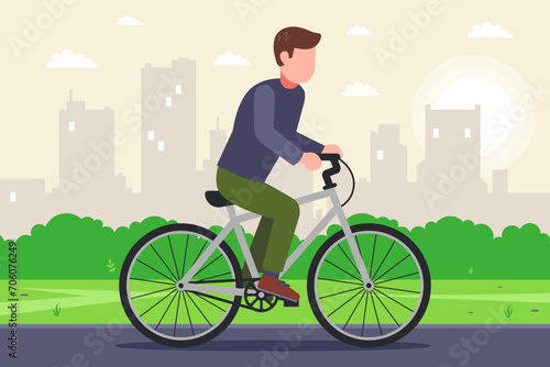 Fototapeta Naklejka Na Ścianę i Meble -  a cyclist rides along the road in the city. flat vector illustration.