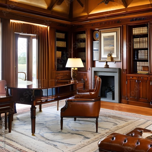 A traditional English-style study with rich mahogany furniture and leather armchairs3